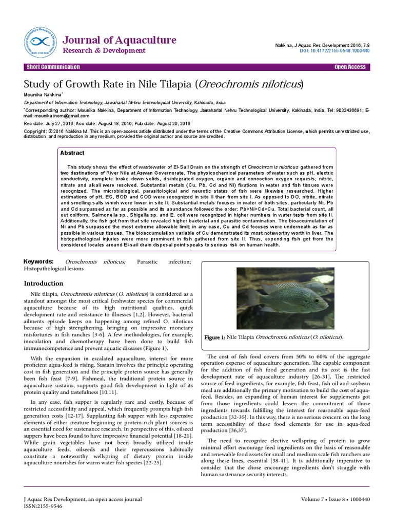 Study of Growth Rate in Nile Tilapia Oreochromis Niloticus 2155 9546 ...