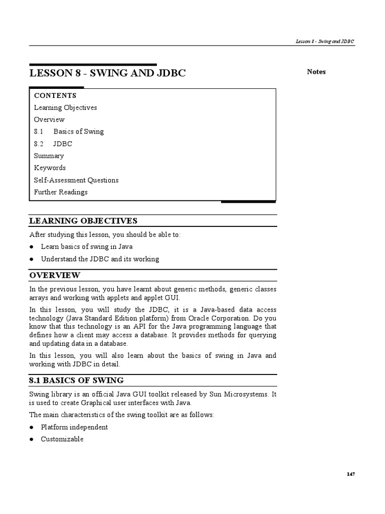 Lesson 8 - Swing and JDBC: Notes | PDF | Java Servlet | Java ...