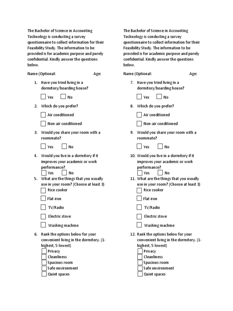 Survey questionnaire sample Dormitory Questionnaire Free 30day