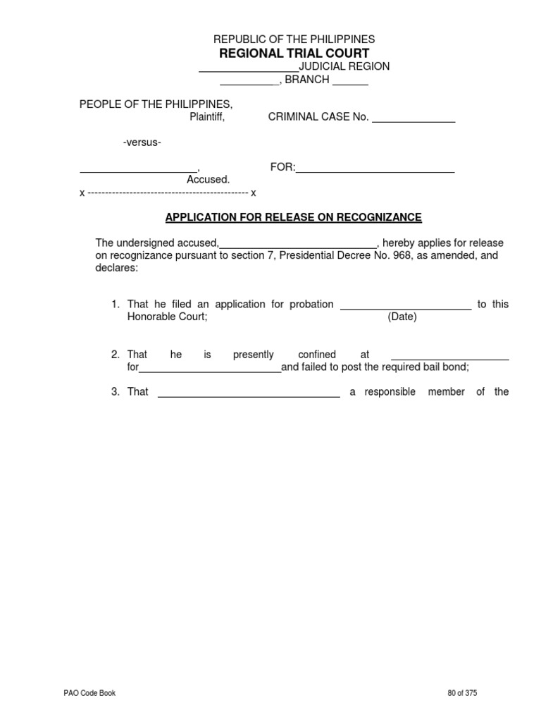 Regional Trial Court: Application For Release On Recognizance | PDF