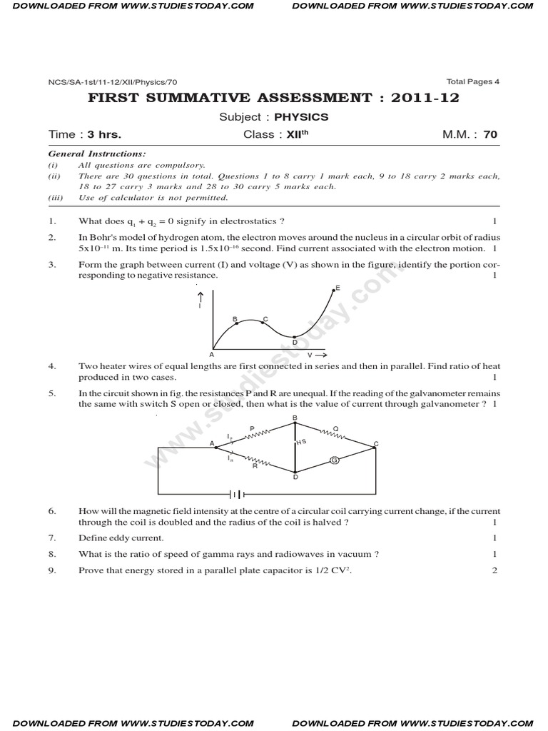 Class 12 Physics SA1 Question Paper 2011-12 | PDF | Inductor | Inductance