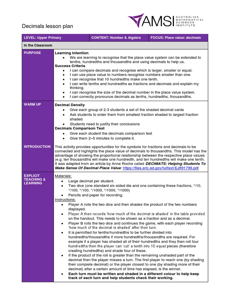 Decimals Lesson Plan with Decimats | PDF | Decimal | Fraction (Mathematics)
