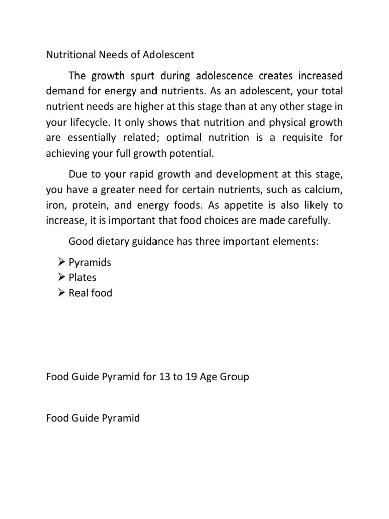 Adolescent Nutritional Needs Explained | PDF | Nutrition | Diet & Nutrition