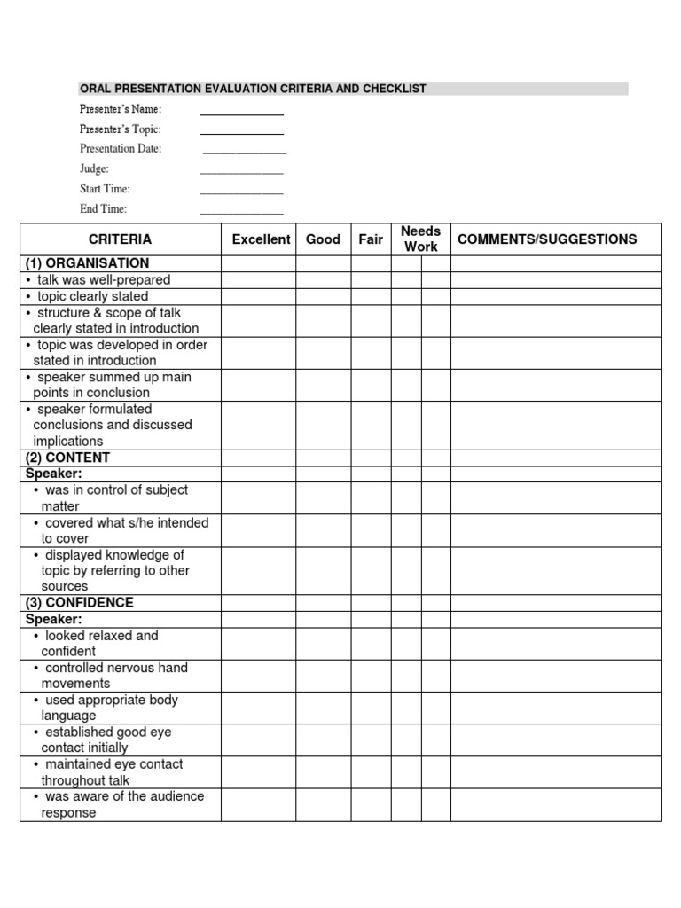 Oral Presentation Evaluation Criteria and Checklist PDF