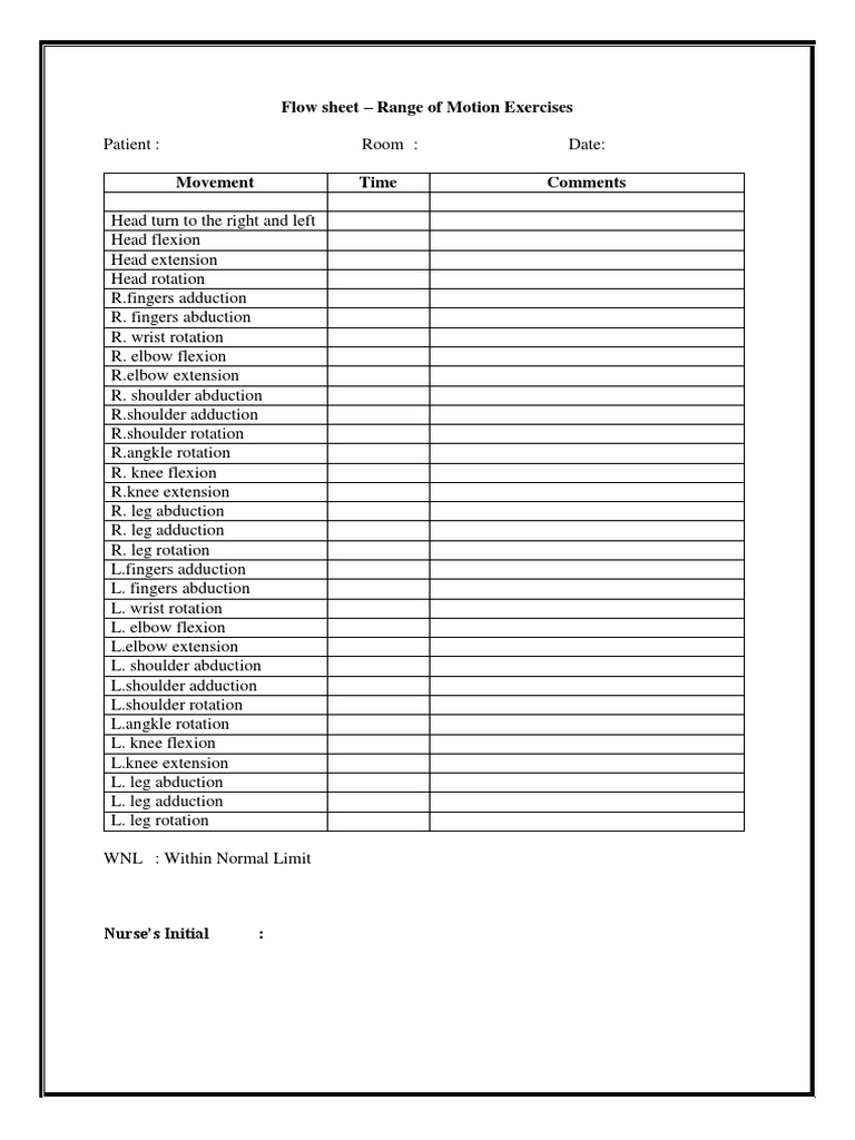 Range of Motion Exercise Flow Sheet | PDF