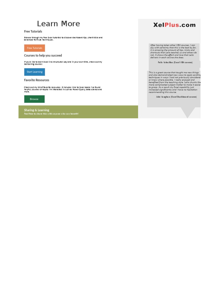 Learn More: Free Tutorials | PDF | Microsoft Excel | Learning