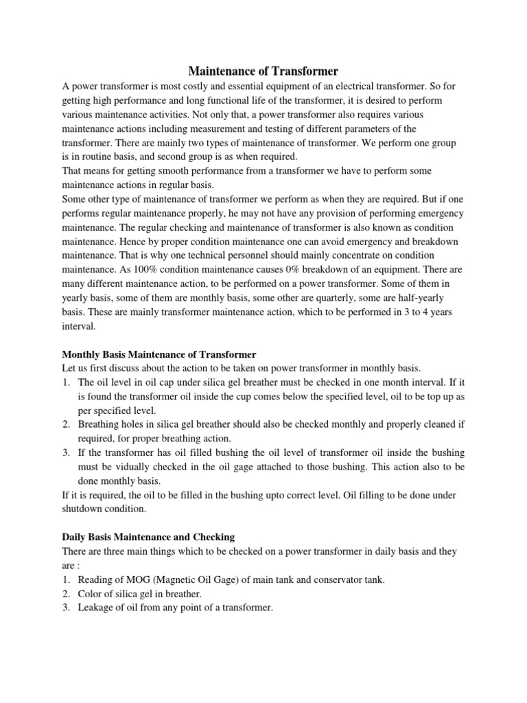Maintenance of Transformer - Notes | PDF | Transformer | Relay
