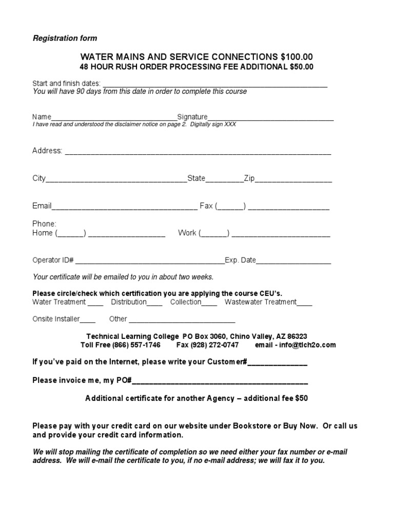Water Mains and Service Connections $100.00: Registration Form | PDF ...