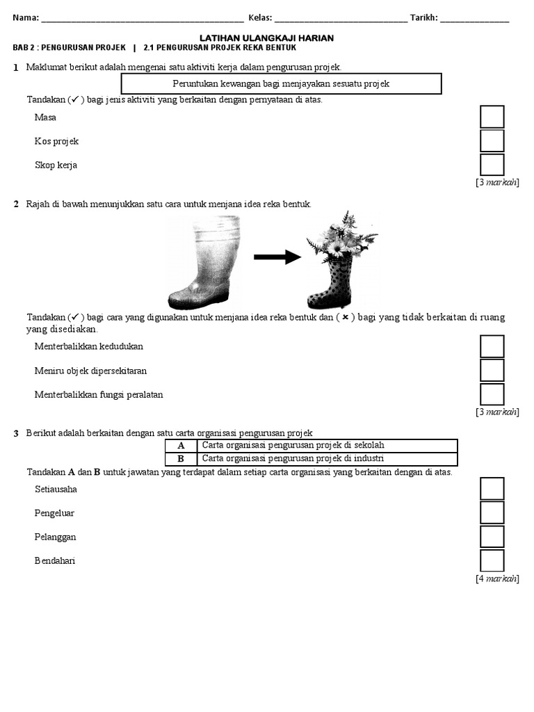 Latihan Ulangkaji Rbt Form 1 2 1 Pengurusan Projek Reka Bentuk Pdf