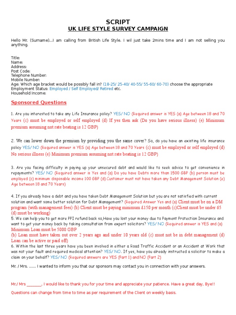 UK Life Style Survey: A Script for Conducting a Telephone Survey to ...