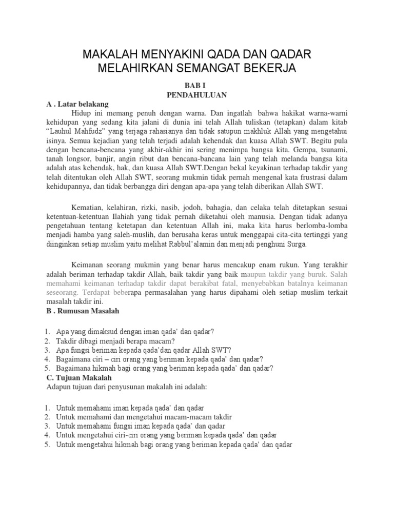 Makalah Menyakini Qada Dan Qadar Melahirkan Semangat Bekerja
