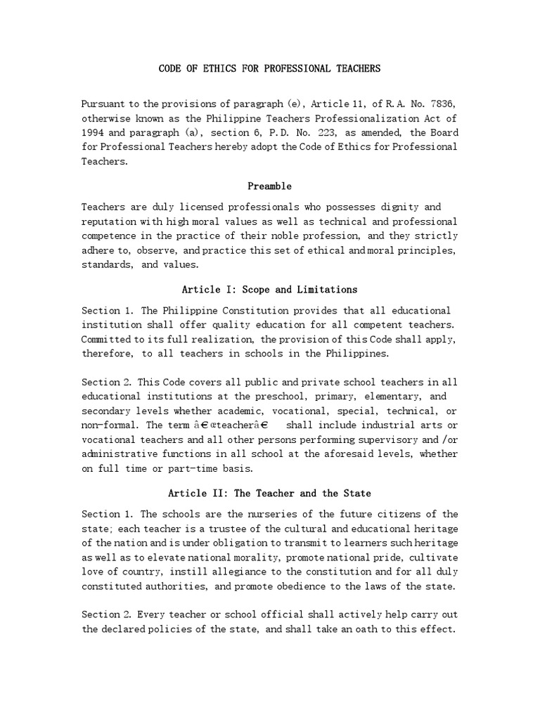 Code Of Ethics Teachers Leadership