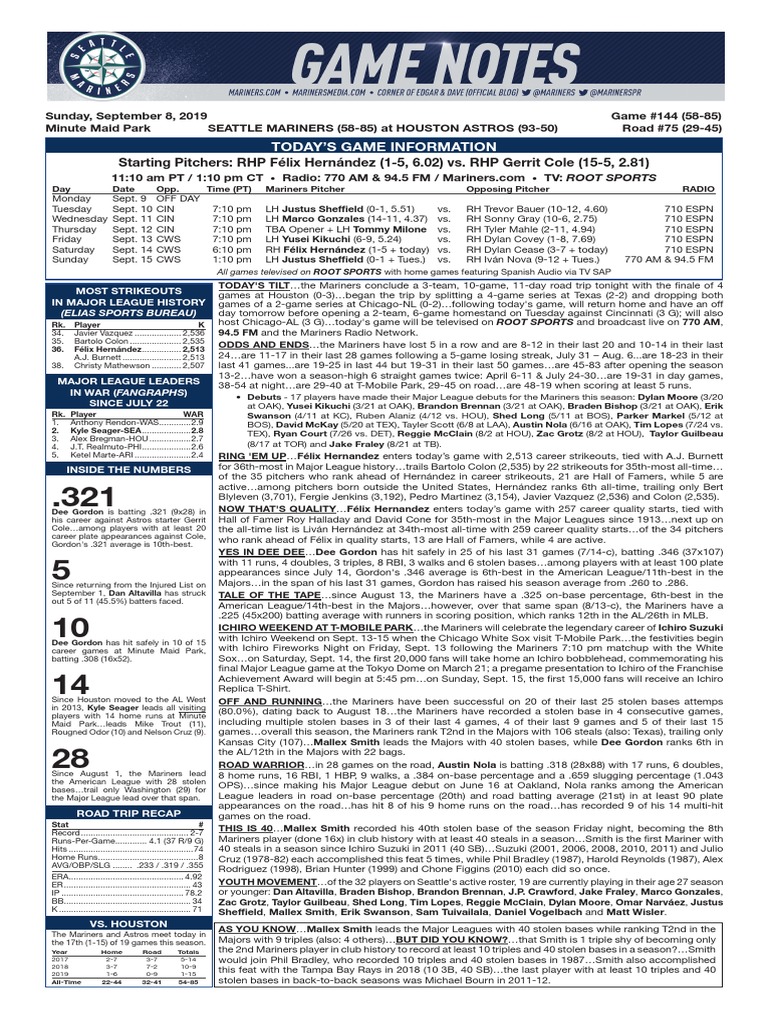 09.08.19 Game Notes | PDF | Baseball Pitching | Major League Baseball Teams