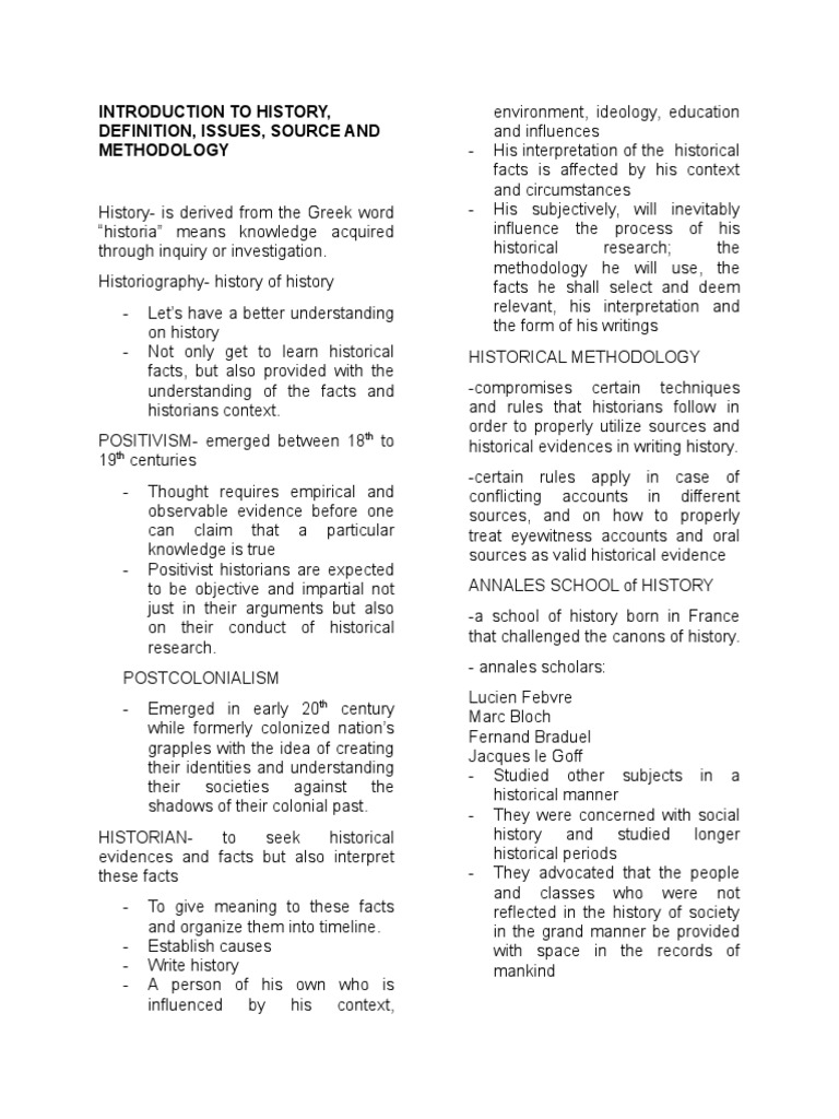 Introduction To History, Definition, Issues, Source And Methodology