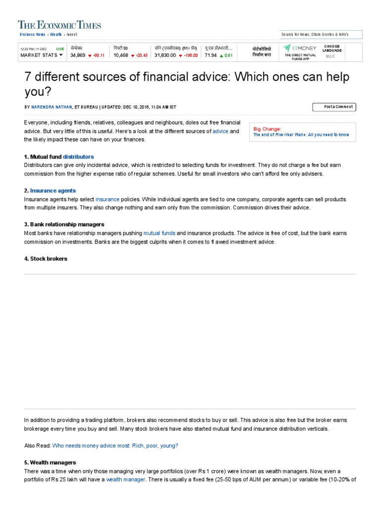 7 Different Sources of Financial Advice The Economic Times | PDF ...