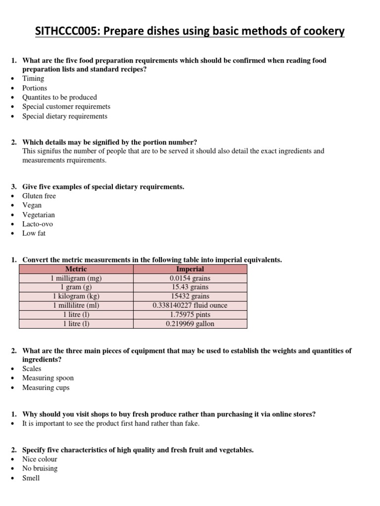 SITHCCC005 Prepare Dishes Using Basic Methods of Cookery | PDF | Litre ...