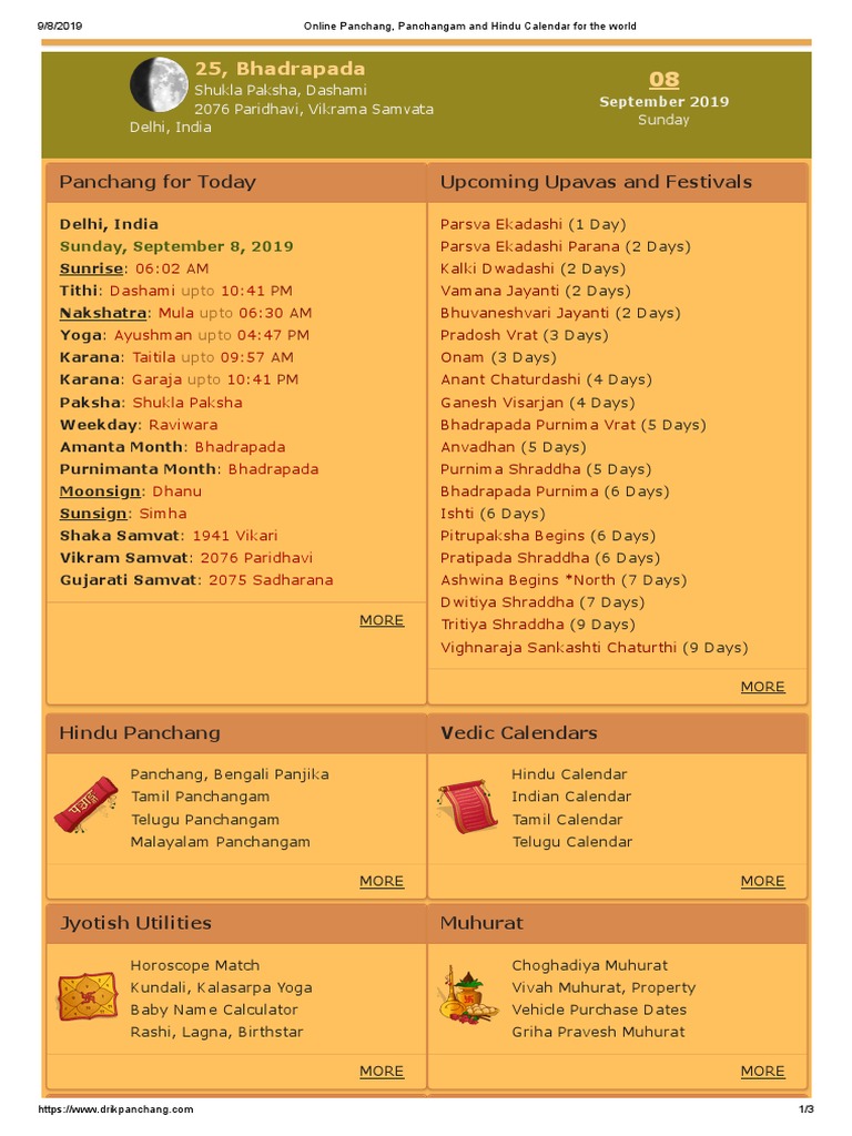Online Panchang, Panchangam and Hindu Calendar For The World | PDF ...