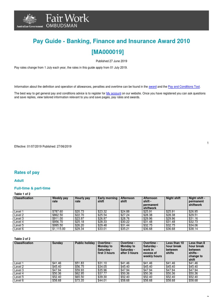 Banking, Finance and Insurance Pay Guide | PDF | Shift Work | Overtime