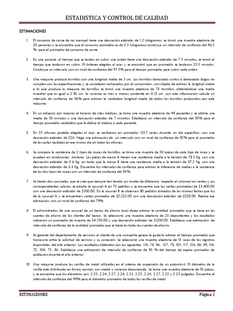 Estadistica y Control de Calidad Ejercicios | PDF | Desviación Estándar ...