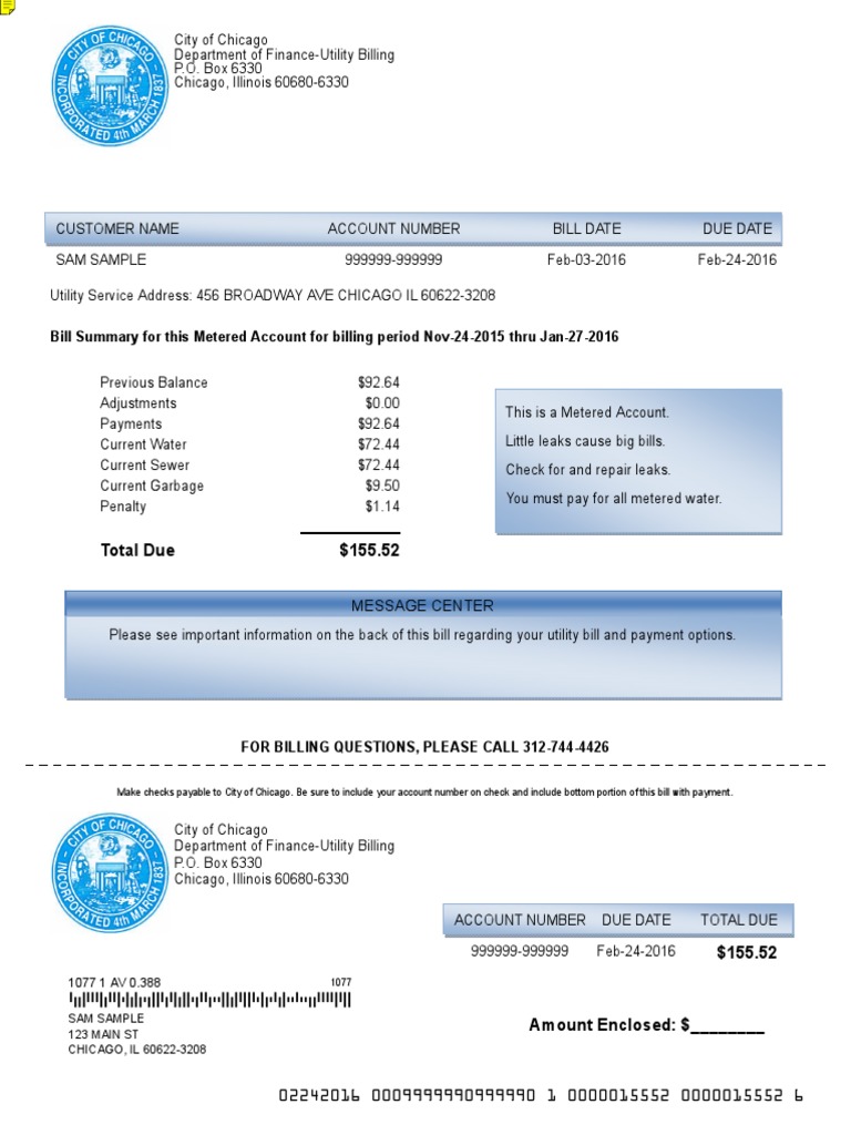 City of Chicago Utility Bill for Sam Sample Addressing Water, Sewer
