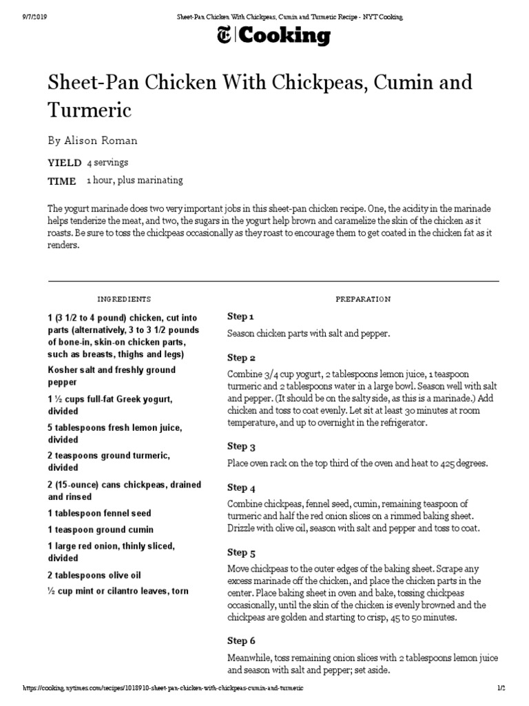 SheetPan Chicken With Chickpeas, Cumin and Turmeric Recipe NYT