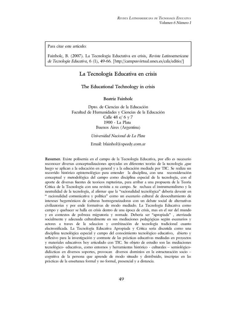 Critica A La Tecnologia Educativs PDF Tecnologia Educacional
