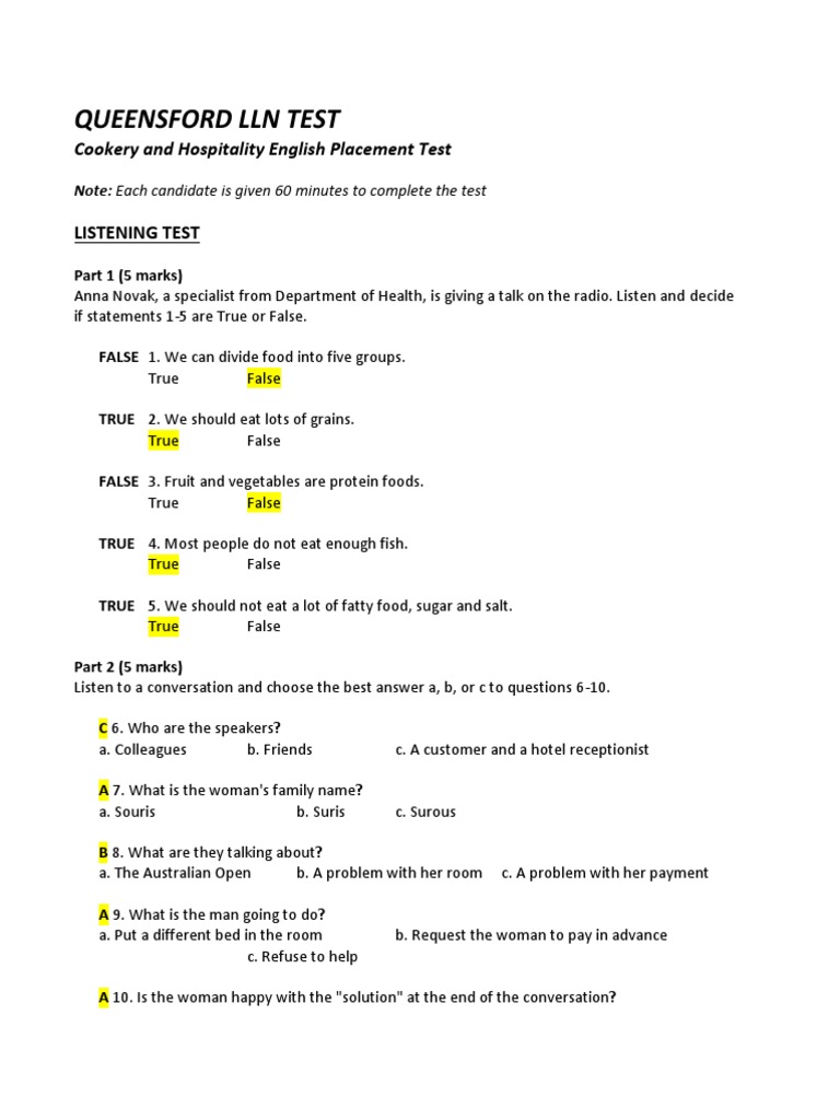 LLN Test for Cookery and Hospitality | PDF | Stereotypes | Knowledge