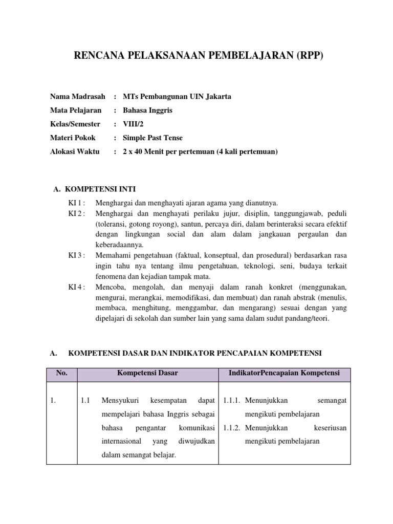 RPP Kelas 8 Simple Past Tense