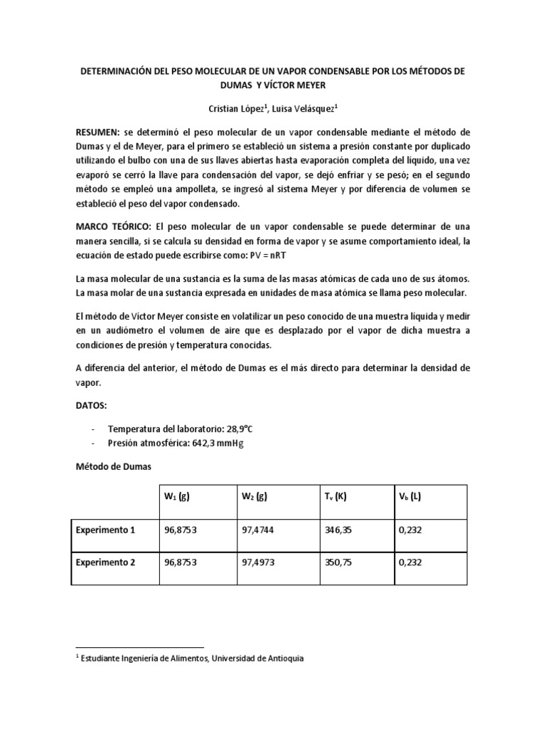 Determinación Del Peso Molecular de Un Vapor Condensable Por Los Métodos de Dumas y Víctor Meyer