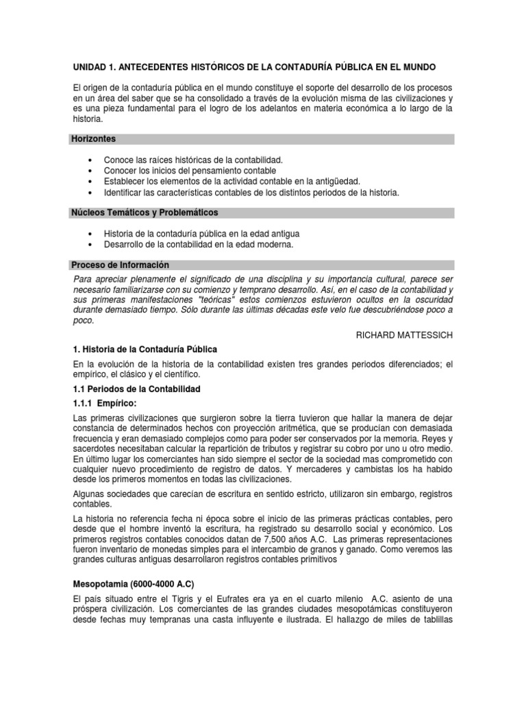 Unidad 1 Antecedentes Históricos de La Contaduría Pública en El Mundo PDF Contabilidad