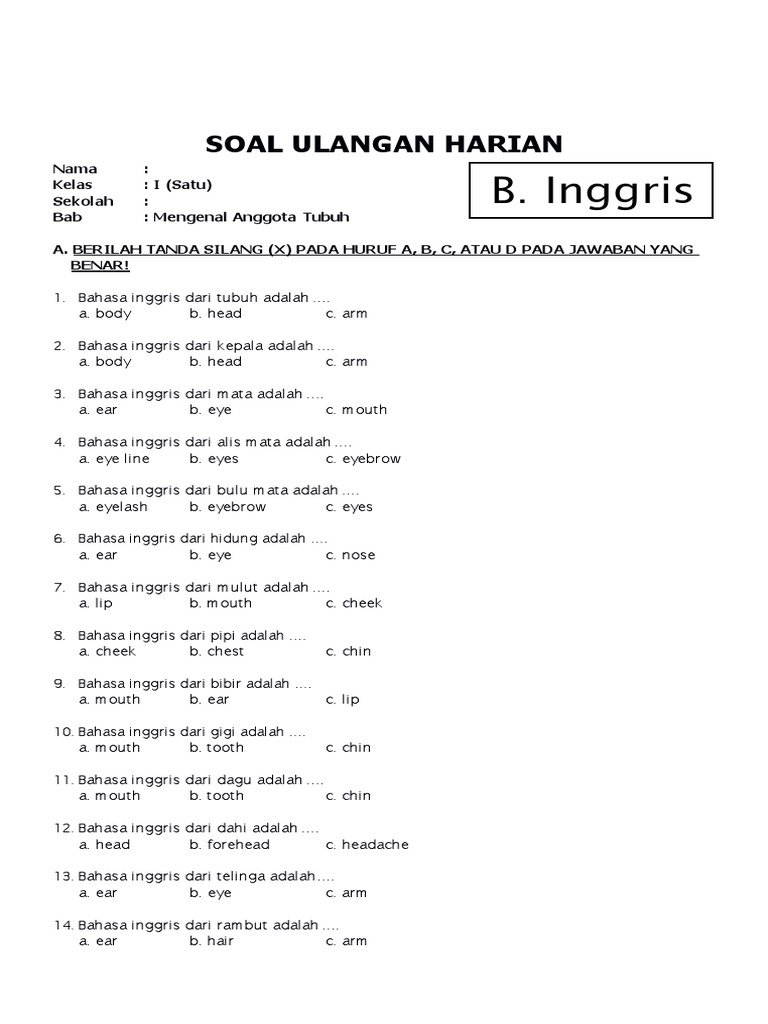 Soal Bahasa Inggris Kelas 1 Sd Pdf