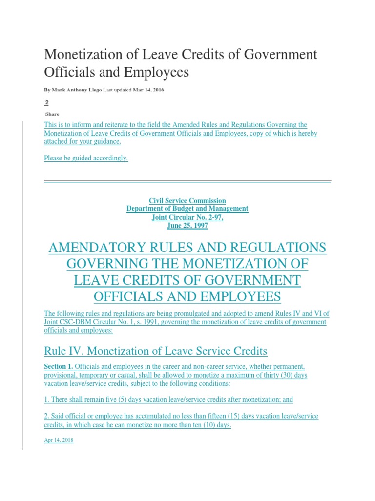 Monetization of Leave Credits of Government Officials and Employees ...