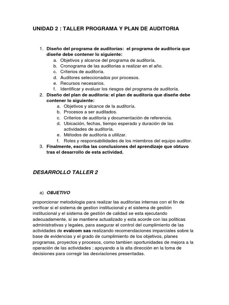 Programa y Plan de Auditoría EVALCOM SAS | PDF | Auditoría | Contralor