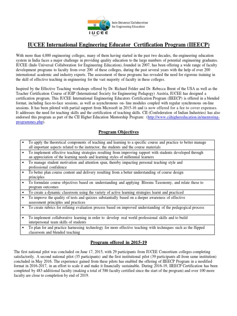 Iucee International Engineering Educator Certification Program Updated