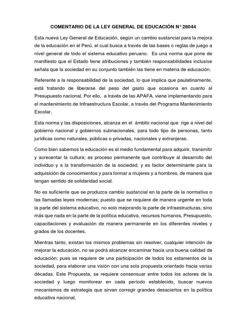 Comentario de La Ley General de Educación #28044 | PDF | Rúbrica ...