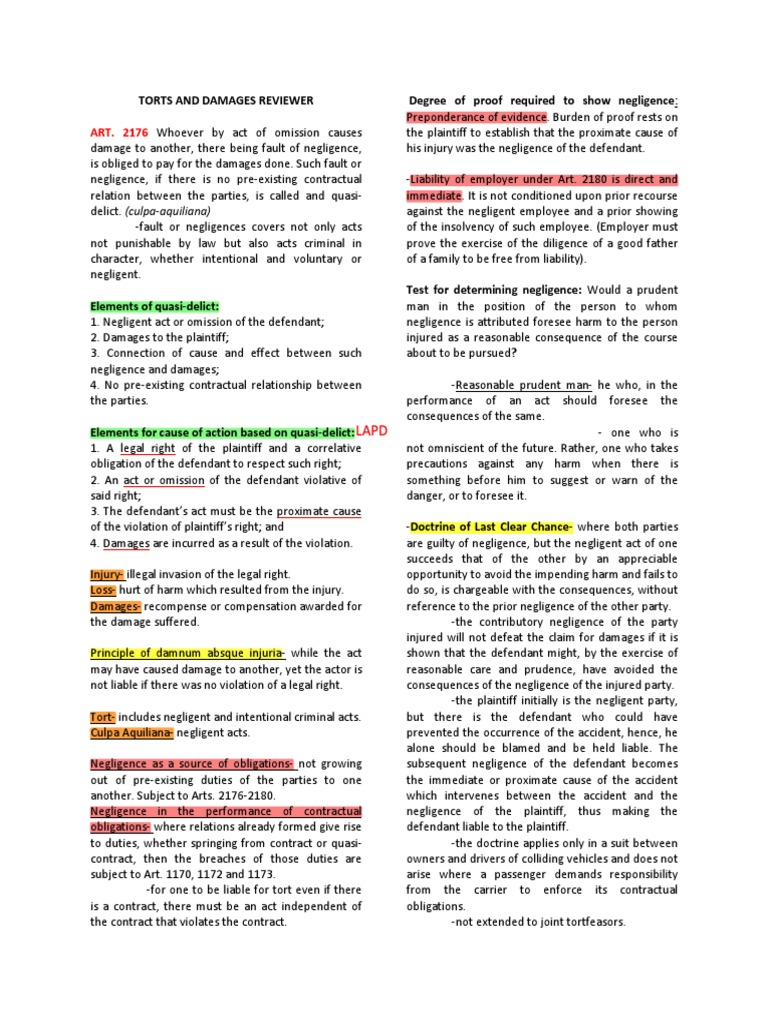 Torts and Damages Overview 2024 | PDF | Negligence | Damages