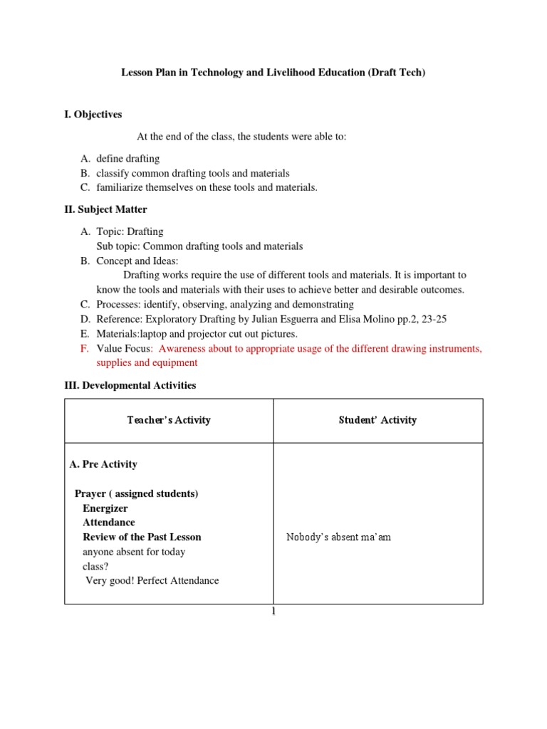 Drafting Lesson Plan Overview | PDF | Drawing | Technical Drawing