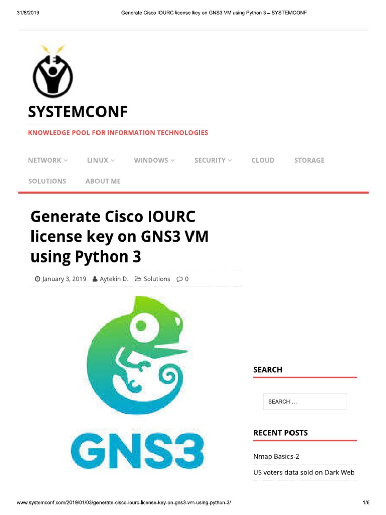 Generate Cisco IOURC License Key On GNS3 VM Using Python 3 SYSTEMCONF
