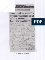 Manila Standard, Sept. 9, 2019, Lawmaker Warns of Increasing Cost of Treatment For HIV Patients PDF