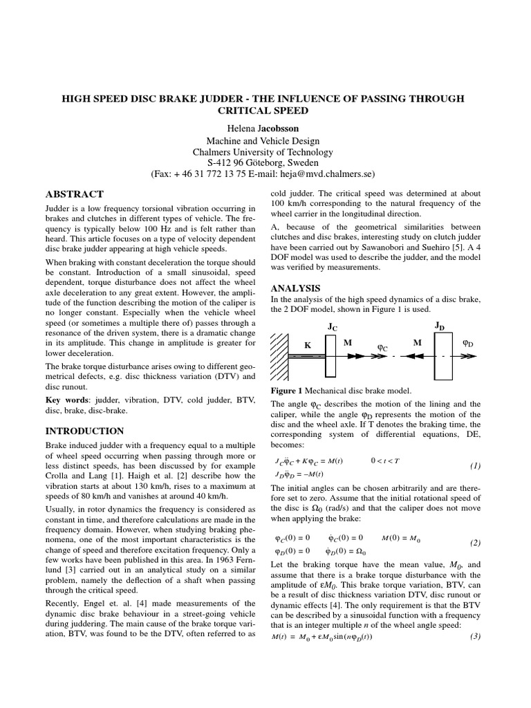 High Speed Disc Brake Judder The Influence of Passing Through Critical Speed PDF Brake