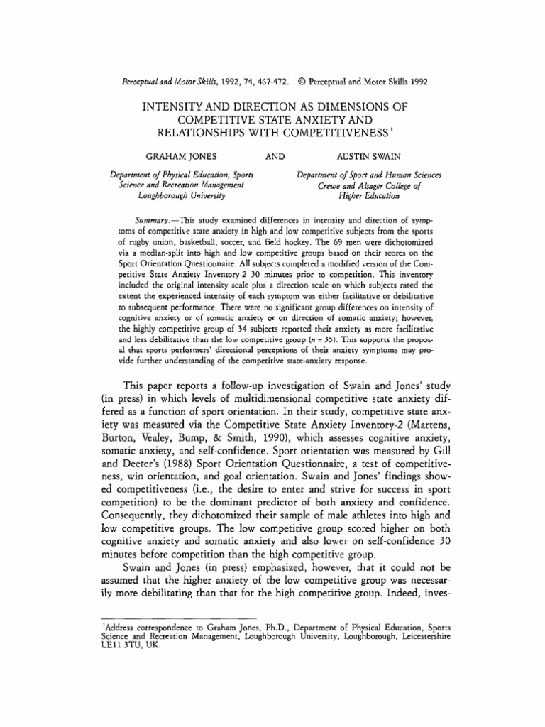 Intensity And Direction As Dimensions Of Competitive State Anxiety And