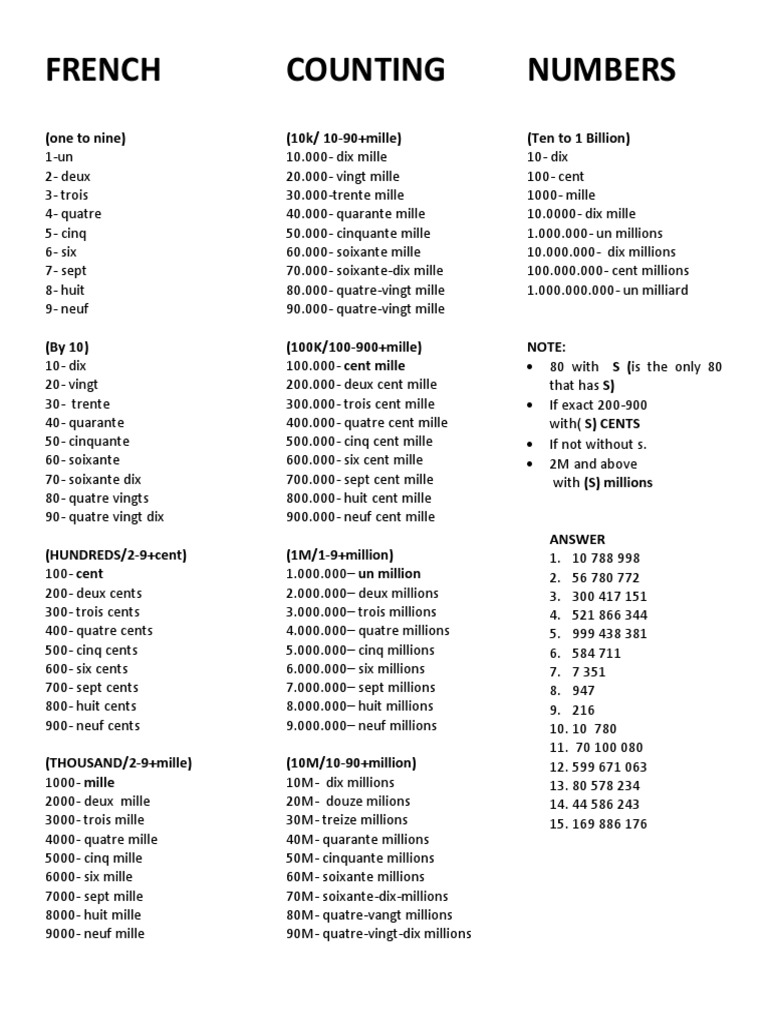 Nombres en français: Guide de comptage | PDF