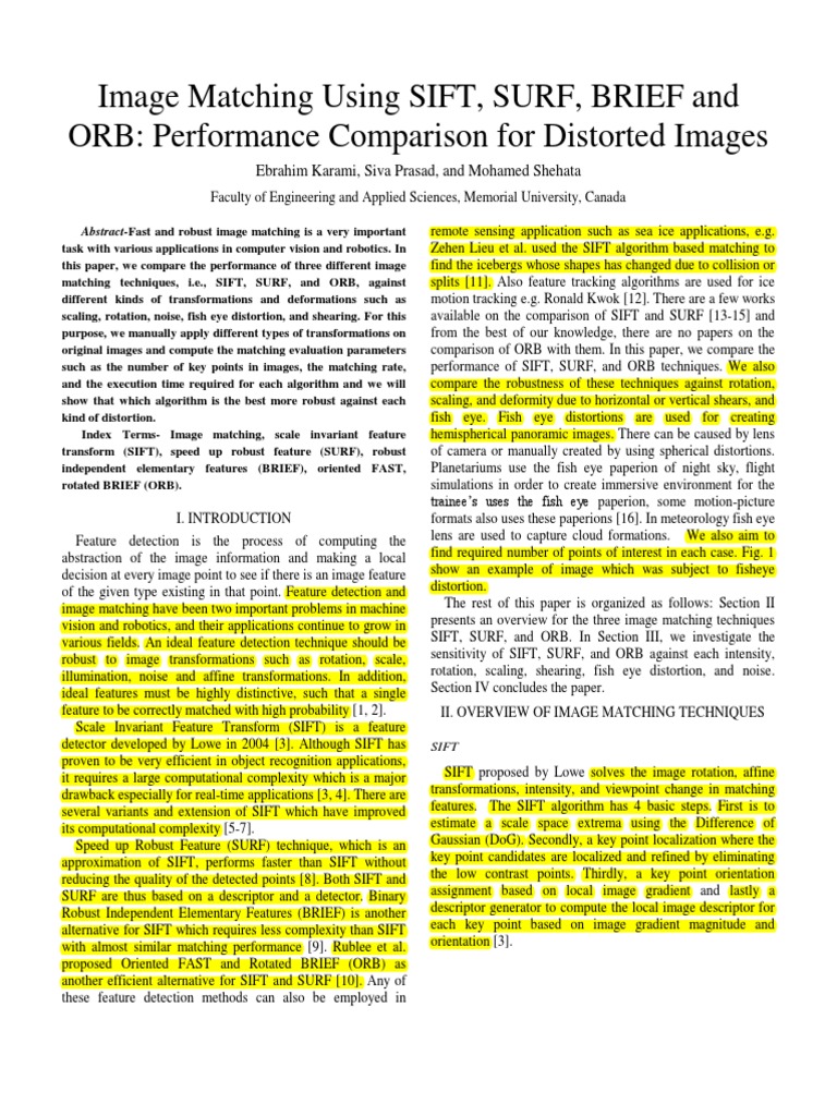 Image Matching Using SIFT, SURF, BRIEF and ORB Performance Comparison