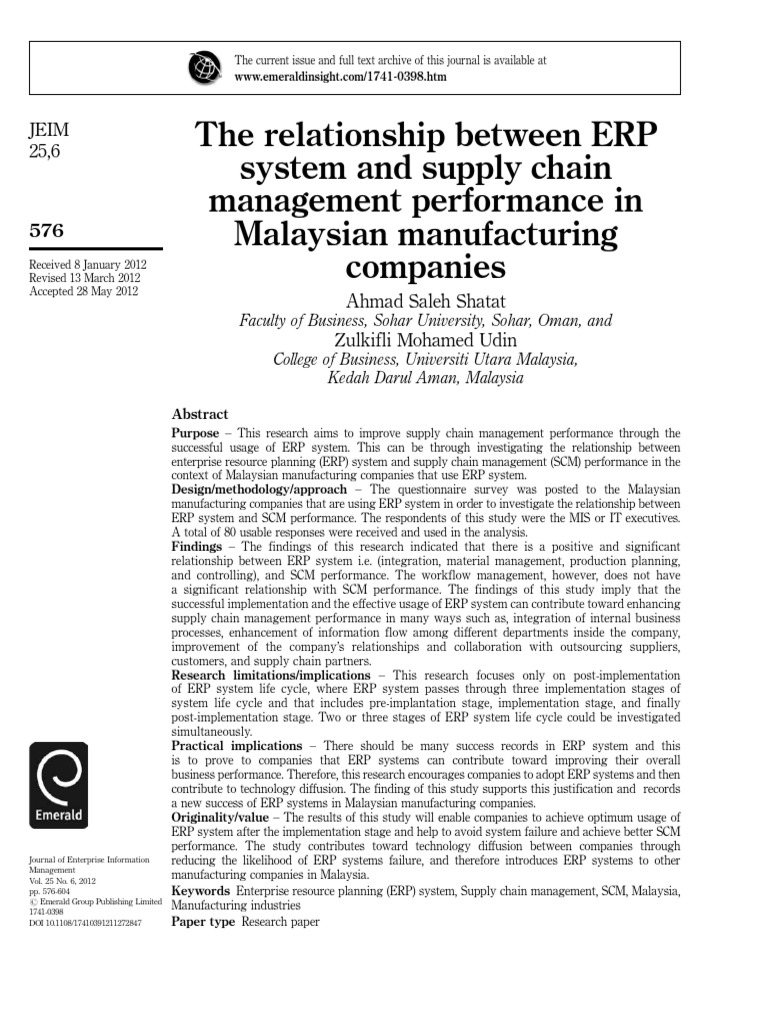 ERP and SCM Performance in Malaysia | PDF | Enterprise Resource ...