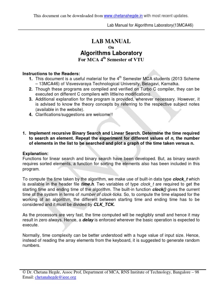 Lab Manual Algorithms Laboratory For MCA 4 Semester of VTU PDF