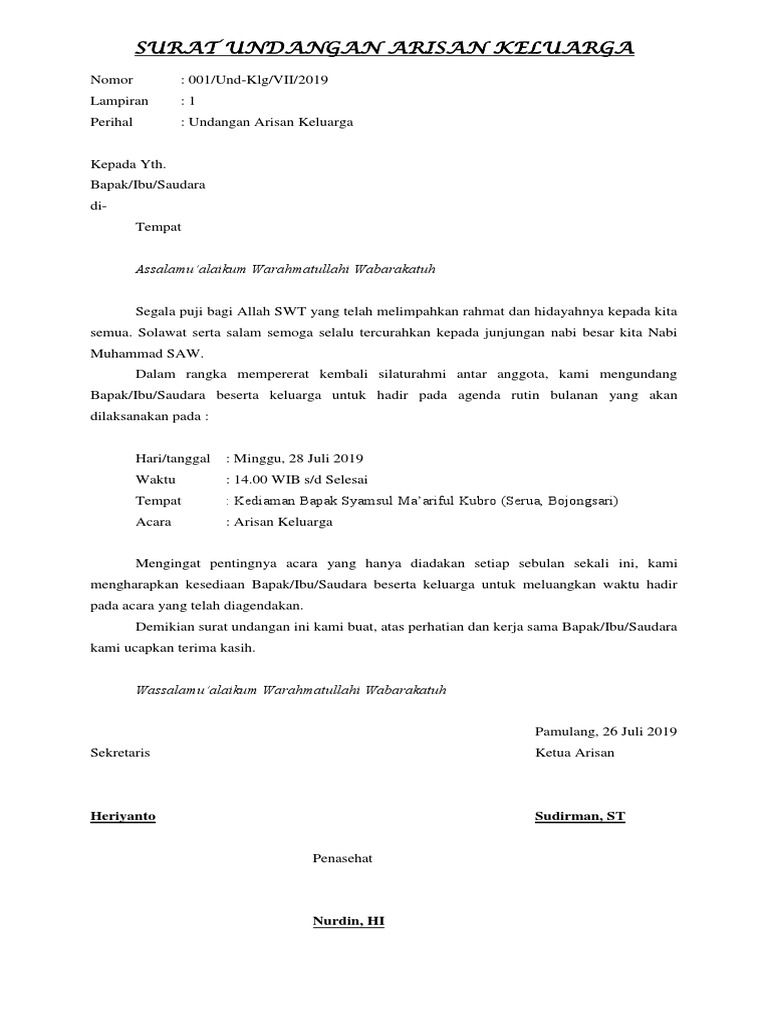 Surat Undangan Arisan Keluarga