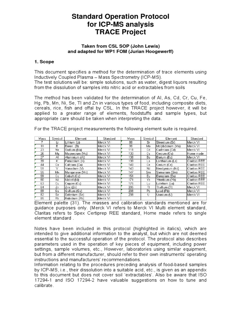 Standard Operation Protocol For ICP-MS Analysis TRACE Project | PDF ...