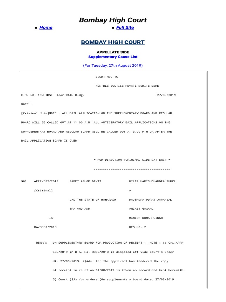 Supplementary Cause List Supreme Court
