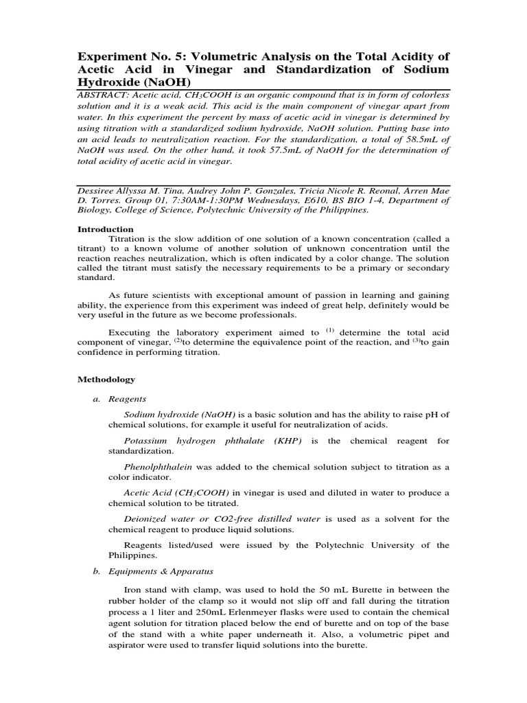 Analytical Chemistry Laboratory Report PDF Titration Chemistry