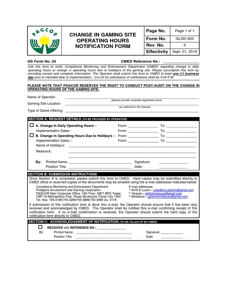 PAGCOR Change in Gaming Hours Form | PDF | Government Information ...